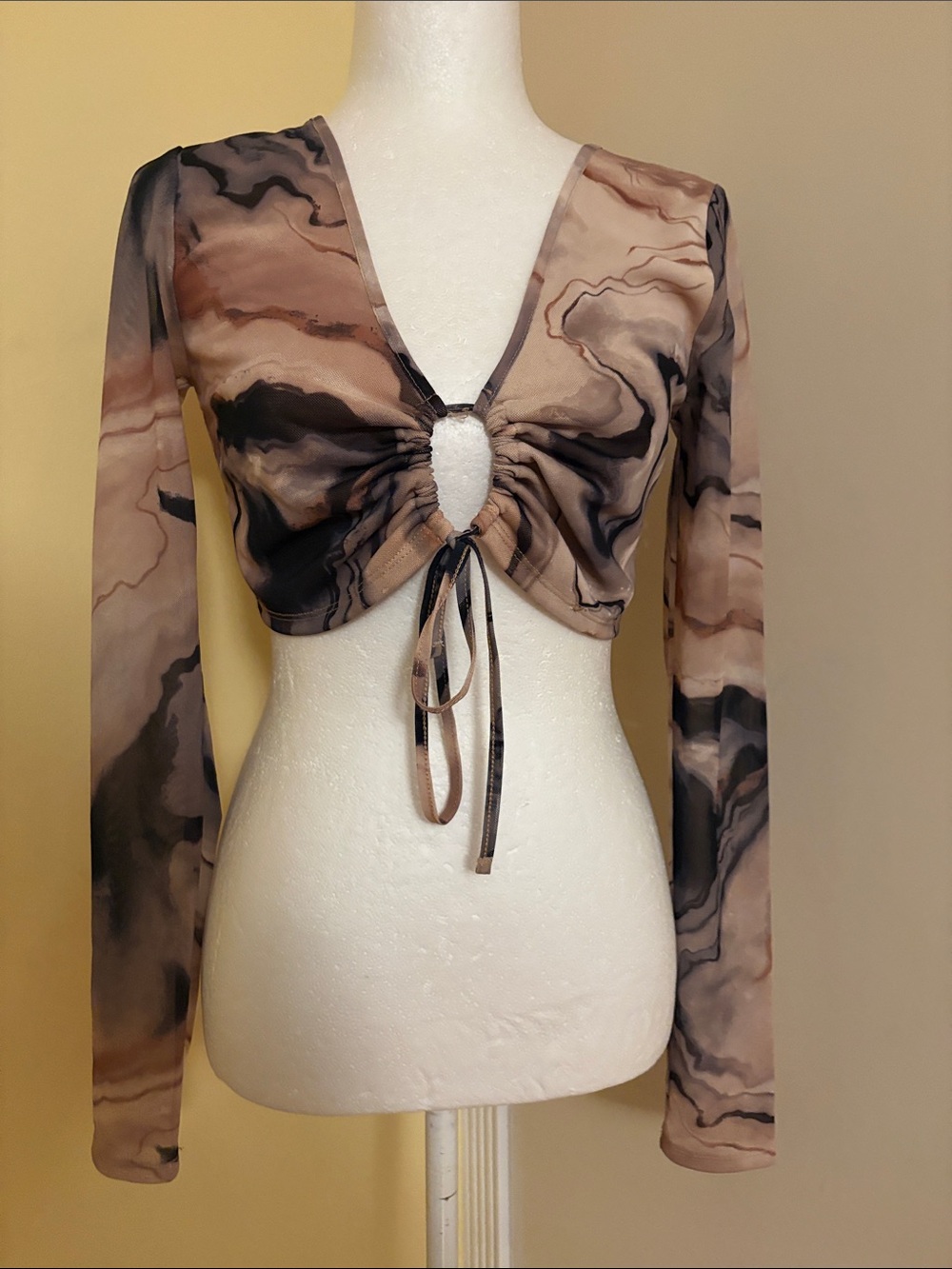 Forever 21 Brown Marble-Print Tie-Front Crop Top S